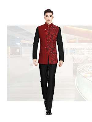 酒店服務(wù)員工服男士春秋季印花刺繡套